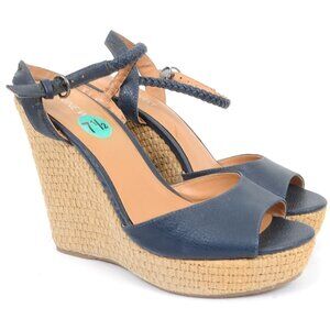 Nine West Womens 7.5 Espadrille High Wedge Heels Open Toe Nautical Vegan Leather